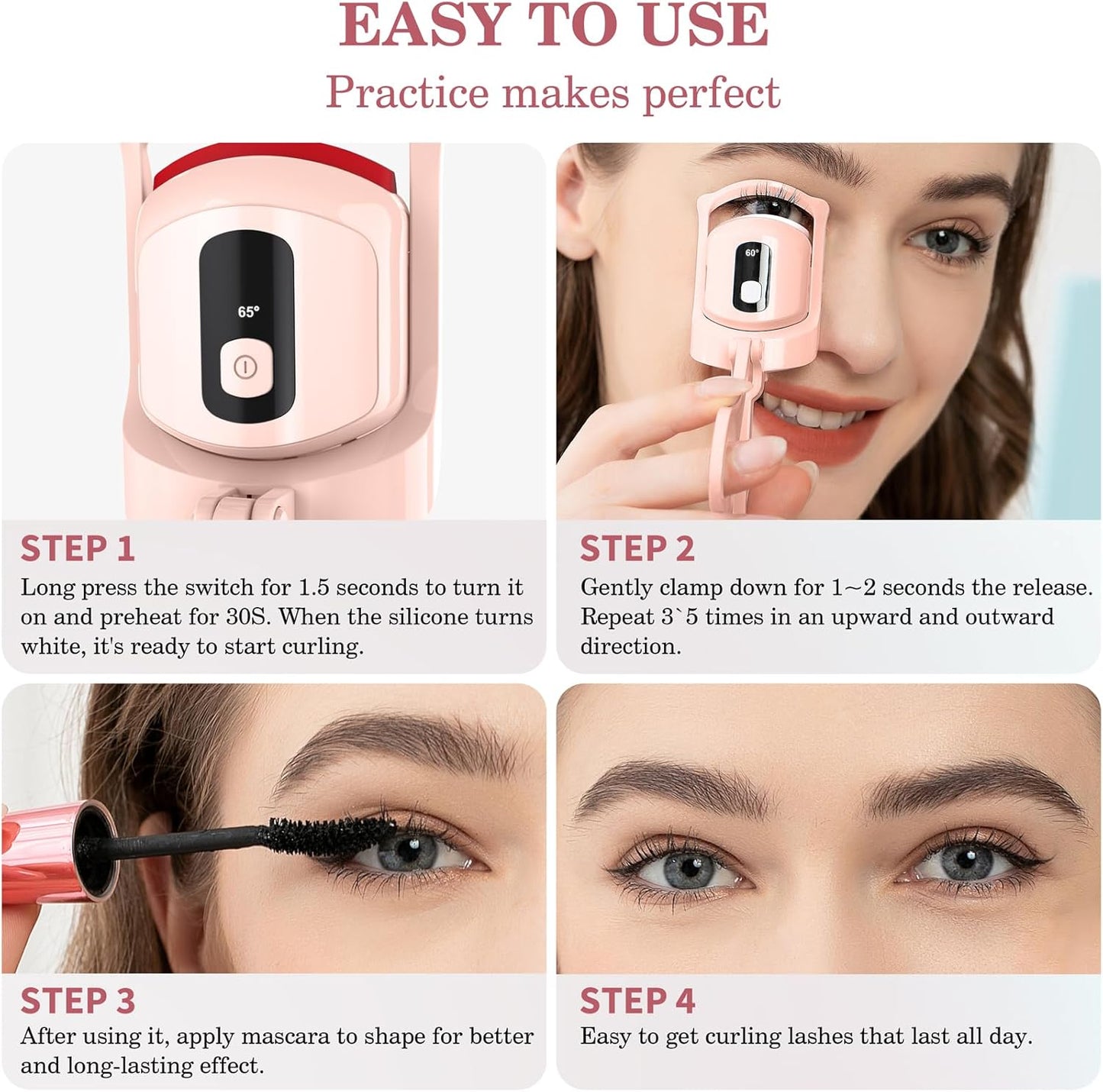 Heated Eyelash Curler with Temperature Display, Rechargeable Electric Curler Featuring 3 Heating Modes and Included Separator Tool and Brush for Effortlessly Beautiful Lashes (Pink)