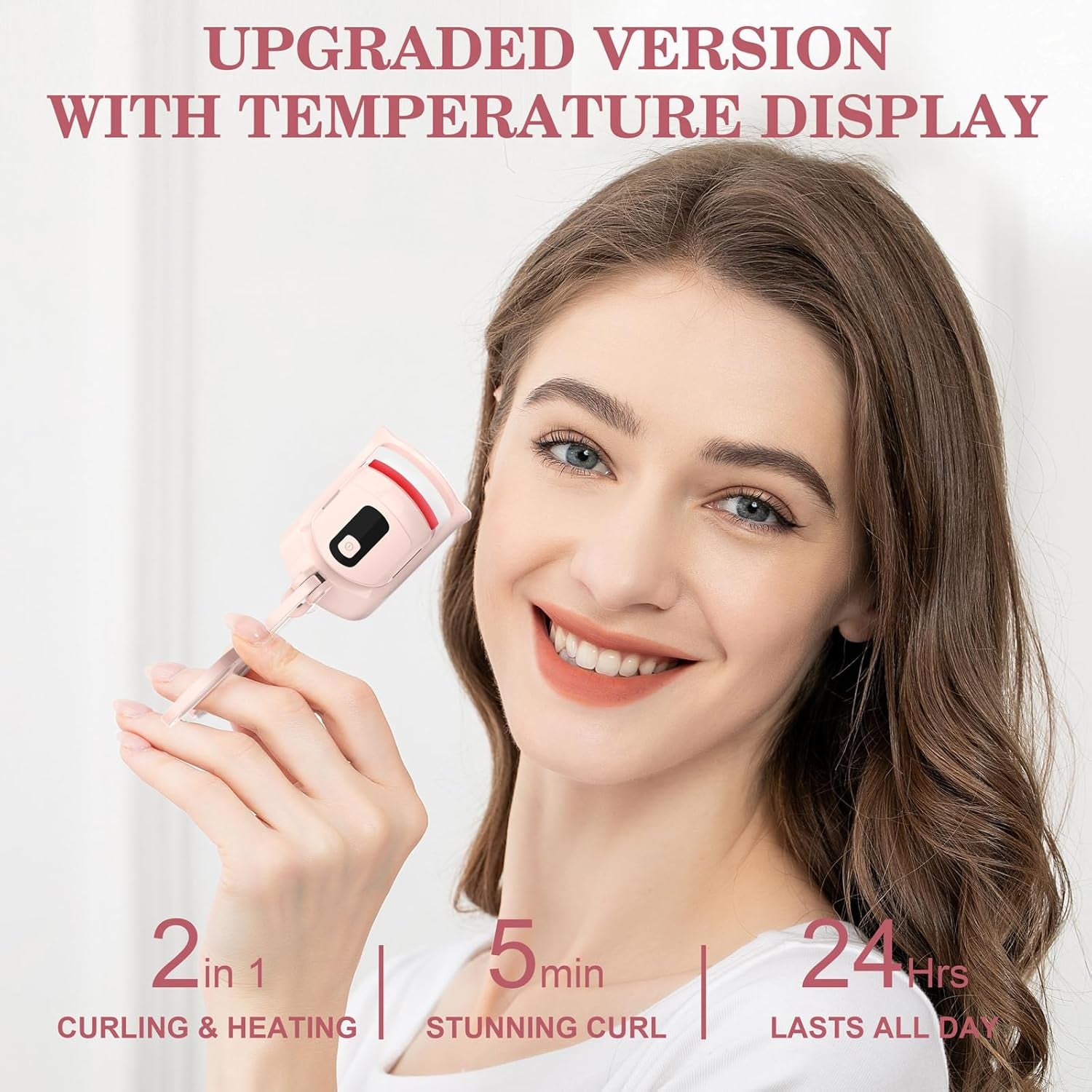 Heated Eyelash Curler with Temperature Display, Rechargeable Electric Curler Featuring 3 Heating Modes and Included Separator Tool and Brush for Effortlessly Beautiful Lashes (Pink)
