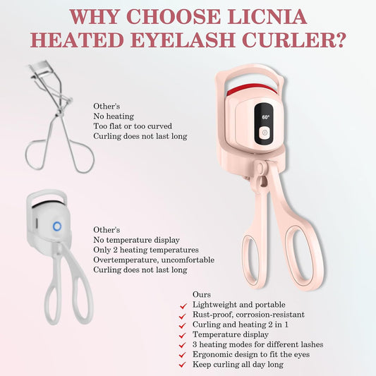 Heated Eyelash Curler with Temperature Display, Rechargeable Electric Curler Featuring 3 Heating Modes and Included Separator Tool and Brush for Effortlessly Beautiful Lashes (Pink)
