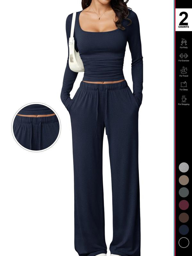 Women's 2 Piece Matching Lounge Set, Fitted Square Neck Long Sleeve Crop Top, High Waisted Wide Leg Drawstring Pants, Casual Sweatsuit