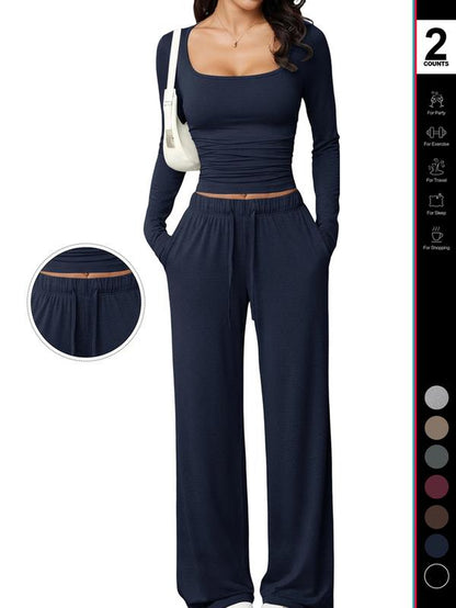 Women's 2 Piece Matching Lounge Set, Fitted Square Neck Long Sleeve Crop Top, High Waisted Wide Leg Drawstring Pants, Casual Sweatsuit