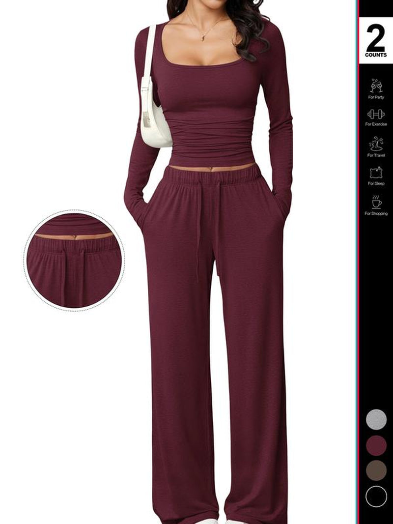 Women's 2 Piece Matching Lounge Set, Fitted Square Neck Long Sleeve Crop Top, High Waisted Wide Leg Drawstring Pants, Casual Sweatsuit