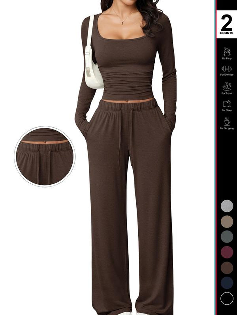Women's 2 Piece Matching Lounge Set, Fitted Square Neck Long Sleeve Crop Top, High Waisted Wide Leg Drawstring Pants, Casual Sweatsuit