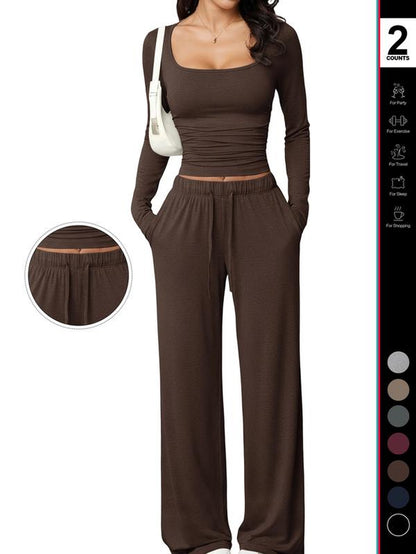 Women's 2 Piece Matching Lounge Set, Fitted Square Neck Long Sleeve Crop Top, High Waisted Wide Leg Drawstring Pants, Casual Sweatsuit
