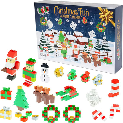 Advent Calendar Building Block Set for Kids and Toddlers, Compatible with Lego and Major Brick Brands, Christmas-Themed Countdown Toy, 416 Pieces