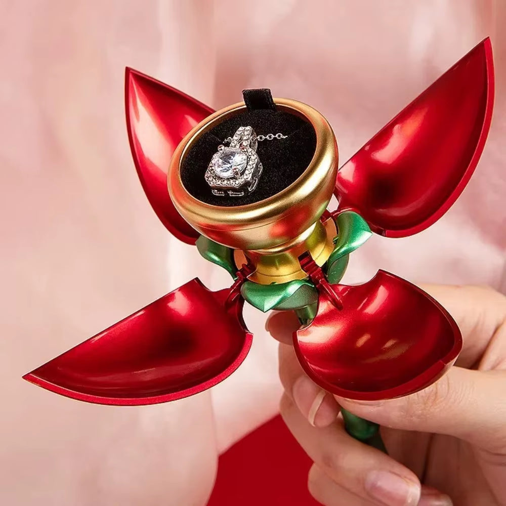 Unique Rose Flower Shape Ring Holder that Automatically Opens Displaying Jewelry Gift  with Packaging Box
