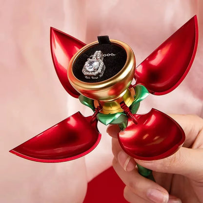 Unique Rose Flower Shape Ring Holder that Automatically Opens Displaying Jewelry Gift  with Packaging Box