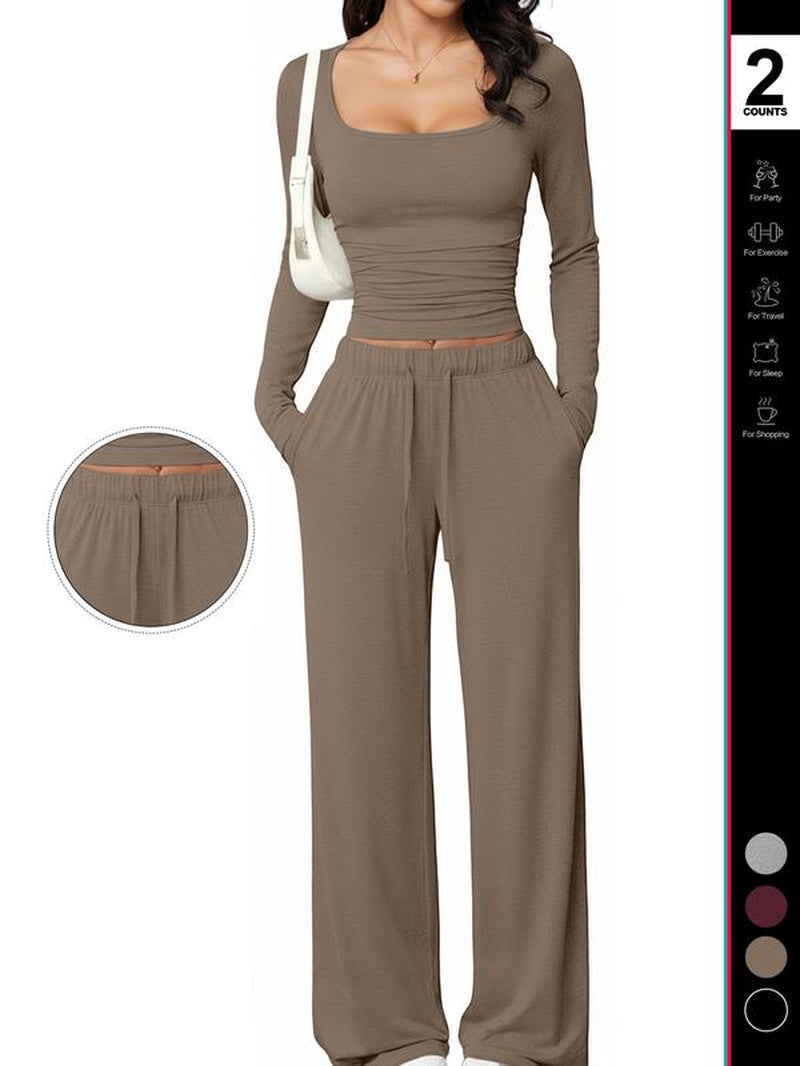 Women's 2 Piece Matching Lounge Set, Fitted Square Neck Long Sleeve Crop Top, High Waisted Wide Leg Drawstring Pants, Casual Sweatsuit