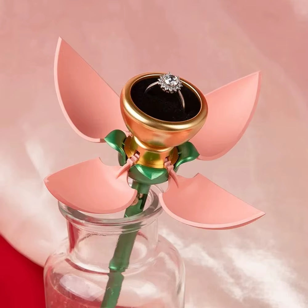 Unique Rose Flower Shape Ring Holder that Automatically Opens Displaying Jewelry Gift  with Packaging Box