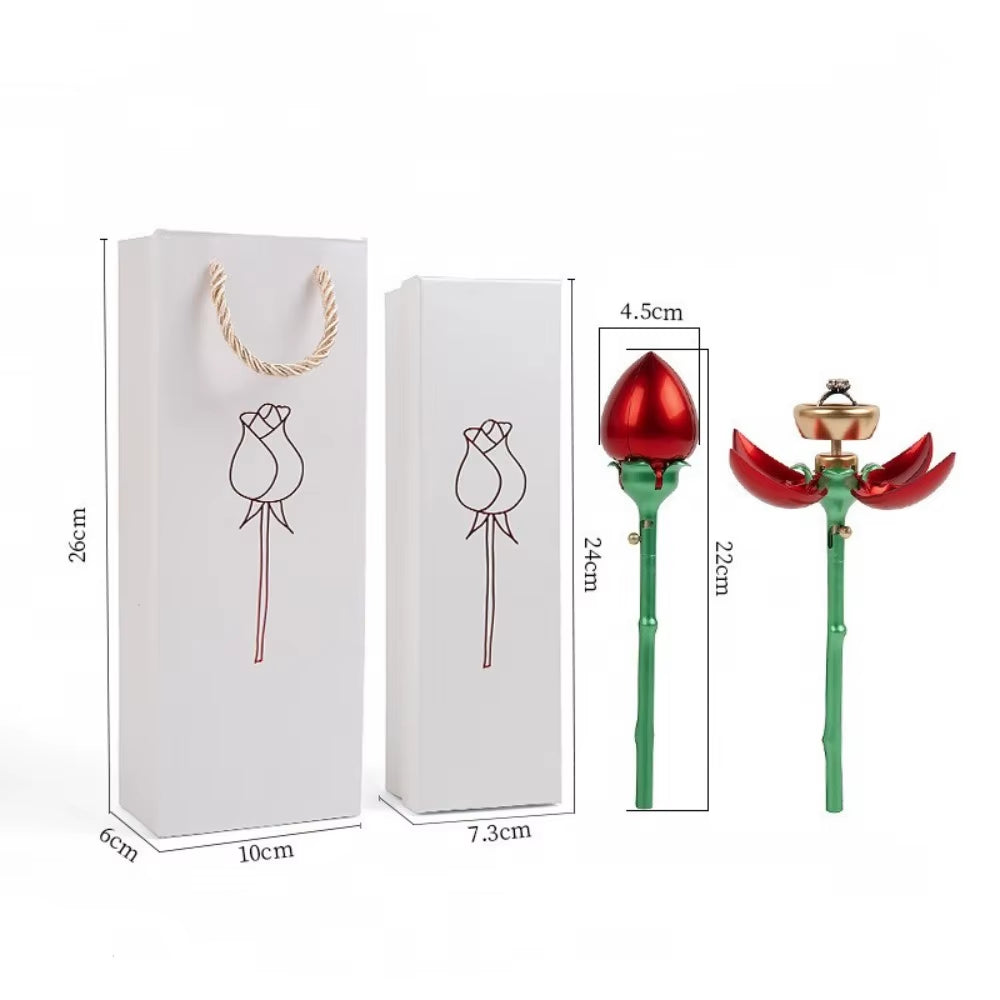 Unique Rose Flower Shape Ring Holder that Automatically Opens Displaying Jewelry Gift  with Packaging Box