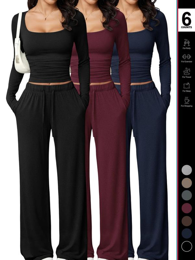 Women's 2 Piece Matching Lounge Set, Fitted Square Neck Long Sleeve Crop Top, High Waisted Wide Leg Drawstring Pants, Casual Sweatsuit