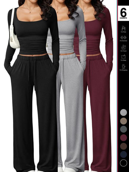 Women's 2 Piece Matching Lounge Set, Fitted Square Neck Long Sleeve Crop Top, High Waisted Wide Leg Drawstring Pants, Casual Sweatsuit