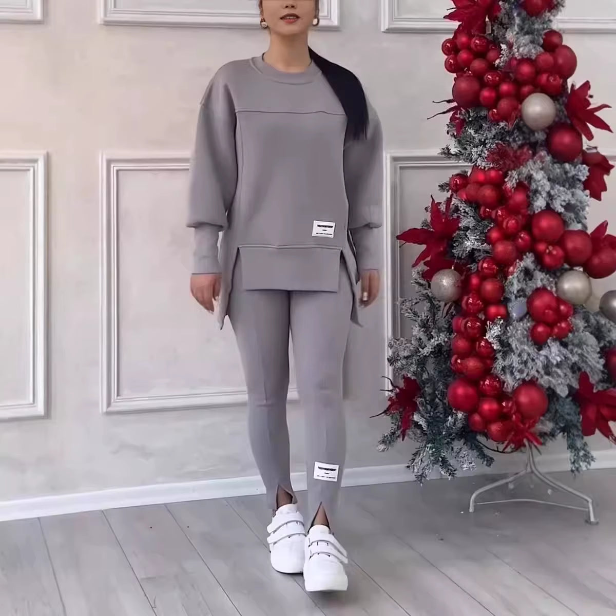Autumn and Winter Cozy Comfortable Long Sleeved Round Neck Sweatshirt and Leggings (2-Piece Set)