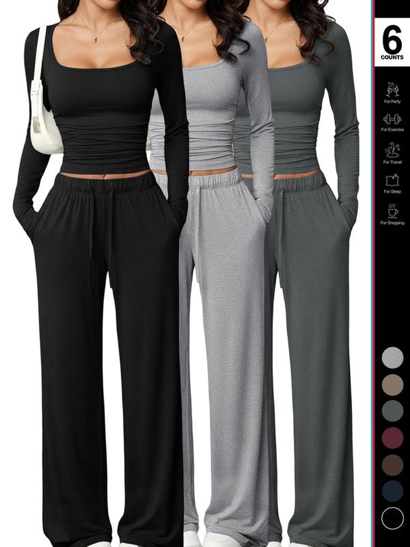 Women's 2 Piece Matching Lounge Set, Fitted Square Neck Long Sleeve Crop Top, High Waisted Wide Leg Drawstring Pants, Casual Sweatsuit