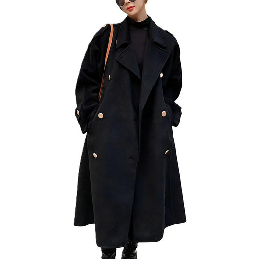 Ebossy Women's Winter Double Breasted Midi Long Wool Pea Coat Notch Lapel Trench Coat, Minimalist Basic Jackets, Thermal Lined Outerwear