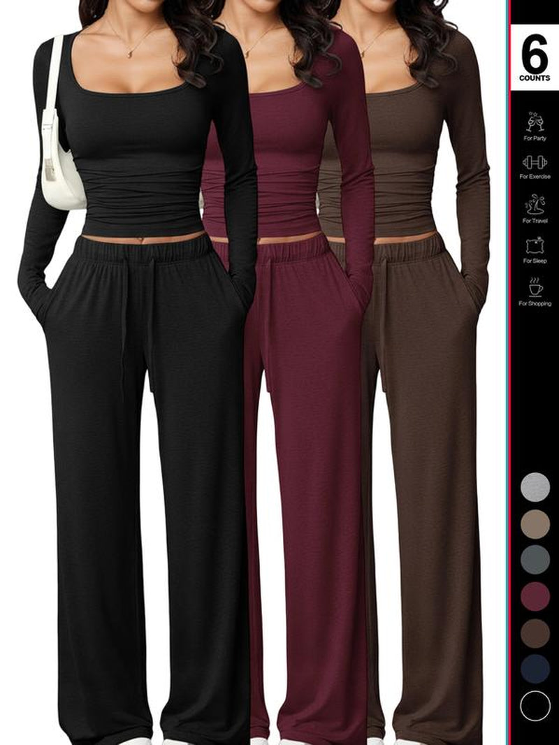 Women's 2 Piece Matching Lounge Set, Fitted Square Neck Long Sleeve Crop Top, High Waisted Wide Leg Drawstring Pants, Casual Sweatsuit