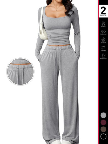 Women's 2 Piece Matching Lounge Set, Fitted Square Neck Long Sleeve Crop Top, High Waisted Wide Leg Drawstring Pants, Casual Sweatsuit