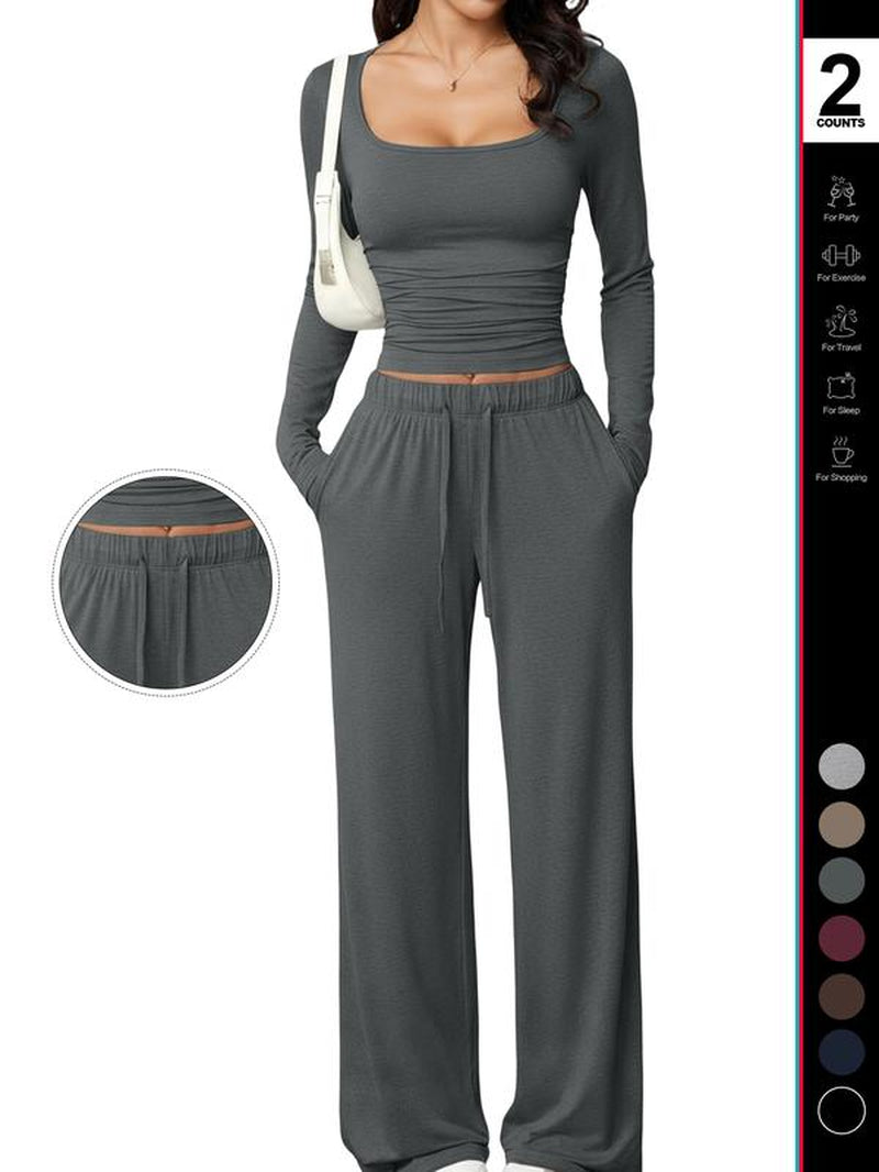 Women's 2 Piece Matching Lounge Set, Fitted Square Neck Long Sleeve Crop Top, High Waisted Wide Leg Drawstring Pants, Casual Sweatsuit