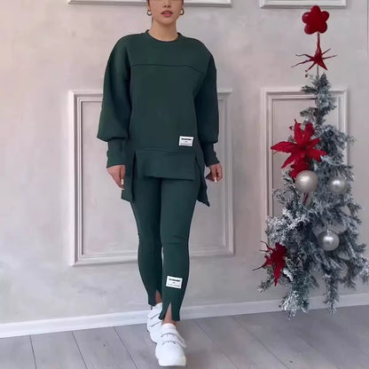 Autumn and Winter Cozy Comfortable Long Sleeved Round Neck Sweatshirt and Leggings (2-Piece Set)